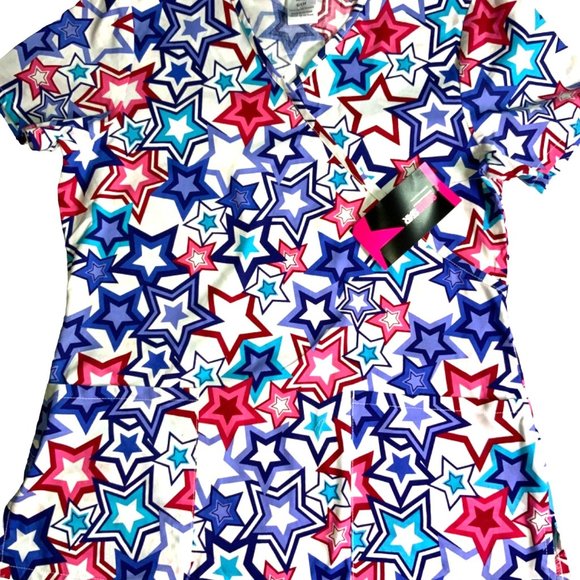 Scrubstar Women Fashion Collection V-Neck Mock Wrap Scrub Top Stars Small w/Tags - Picture 2 of 10